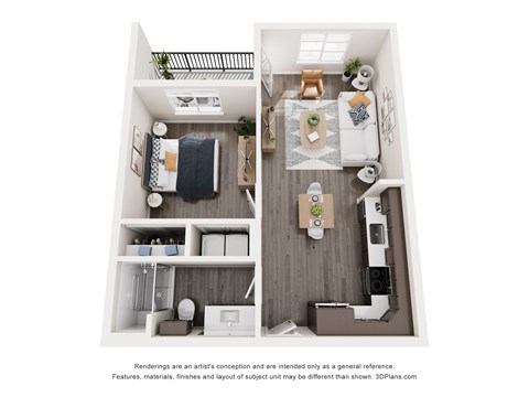 Floor plan for 1 bed, 1 bath, 609 sqft